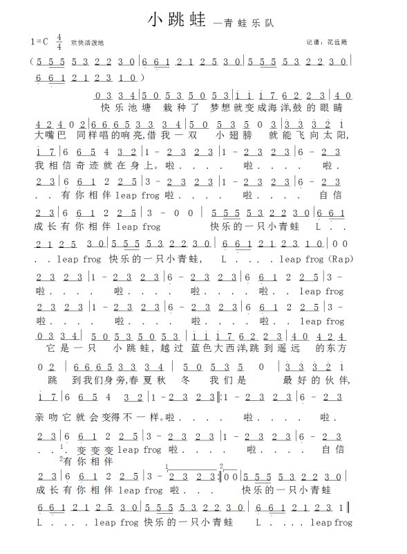 那个有小跳蛙的简谱啊～青蛙乐队的那个合唱简谱