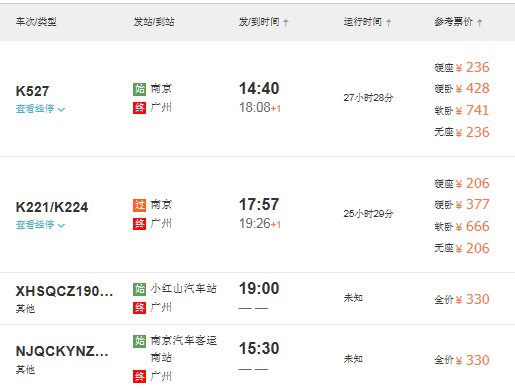 南京到广州火车票，汽车票，飞机价格分别是多少啊