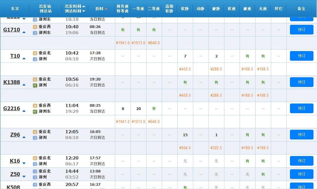 重庆到郑卅的火车票价