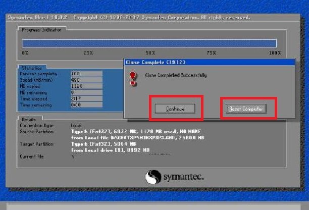 GHOST完成后，出现对话框内容是Continue或ResetComputer是什么