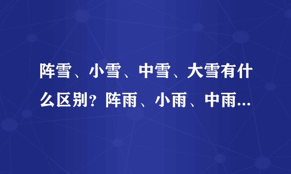 阵雪、小雪、中雪、大雪有什么区别？阵雨、小雨、中雨、大雨之间又有什么区别？谢谢！！！